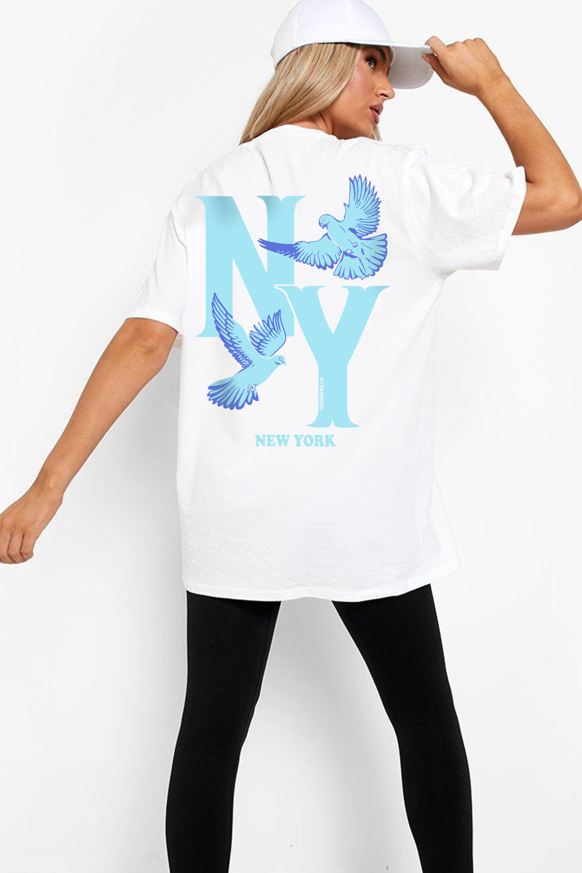 Ny Güvercinleri Beyaz Arka Baskılı Oversize Kısa Kollu T-shirt