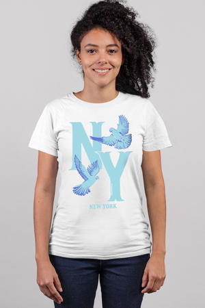 Ny Güvercinleri Beyaz Kısa Kollu Kadın T-shirt - Thumbnail