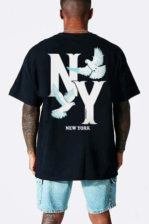 Rock & Roll - Ny Güvercinleri Siyah Kısa Kollu Arka Baskılı Oversize Erkek T-shirt