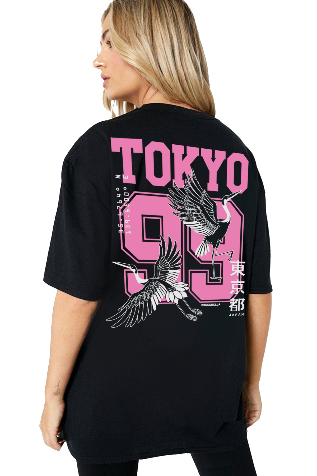 Tokyo 99 Siyah Kısa Kollu Arka Baskılı Oversize Kadın T-shirt