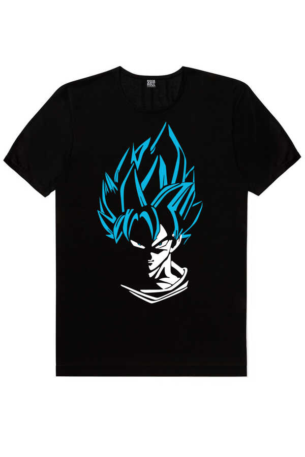 Mavi Saçlı Kahraman Kısa Kollu Siyah Erkek T-shirt