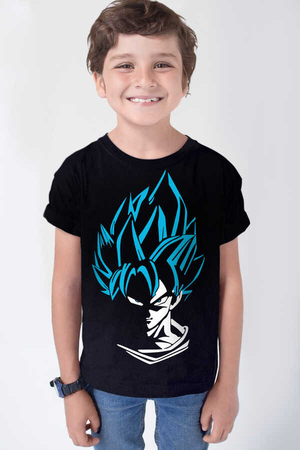  - Mavi Saçlı Kahraman Siyah Kısa Kollu Çocuk T-shirt