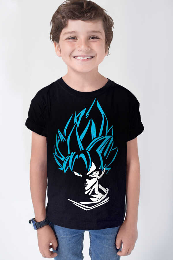 Mavi Saçlı Kahraman Siyah Kısa Kollu Çocuk T-shirt