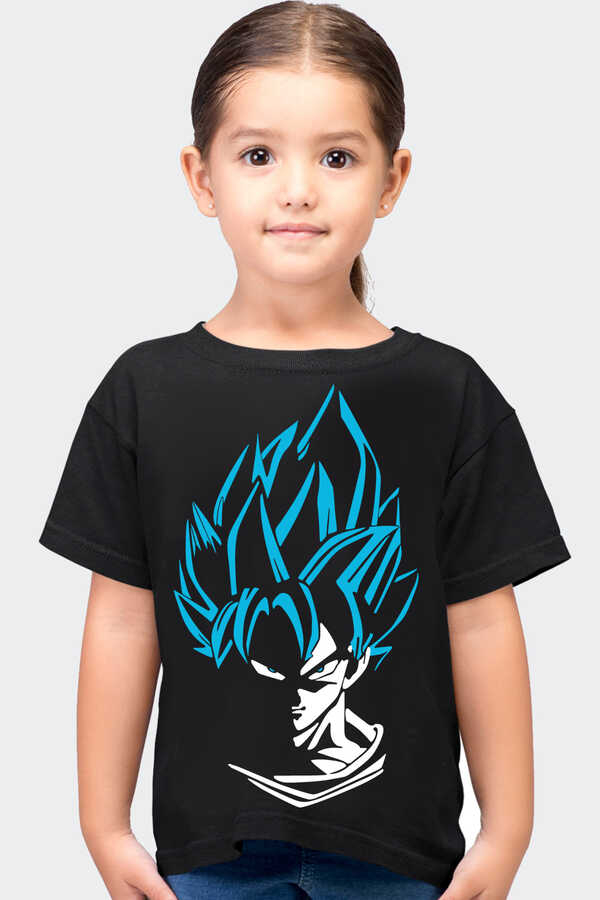 Mavi Saçlı Kahraman Siyah Kısa Kollu Çocuk T-shirt