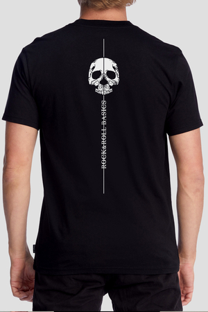 Rock & Roll - Çizgide Kurukafa Arka Baskılı Siyah Kısa Kollu Erkek T-shirt