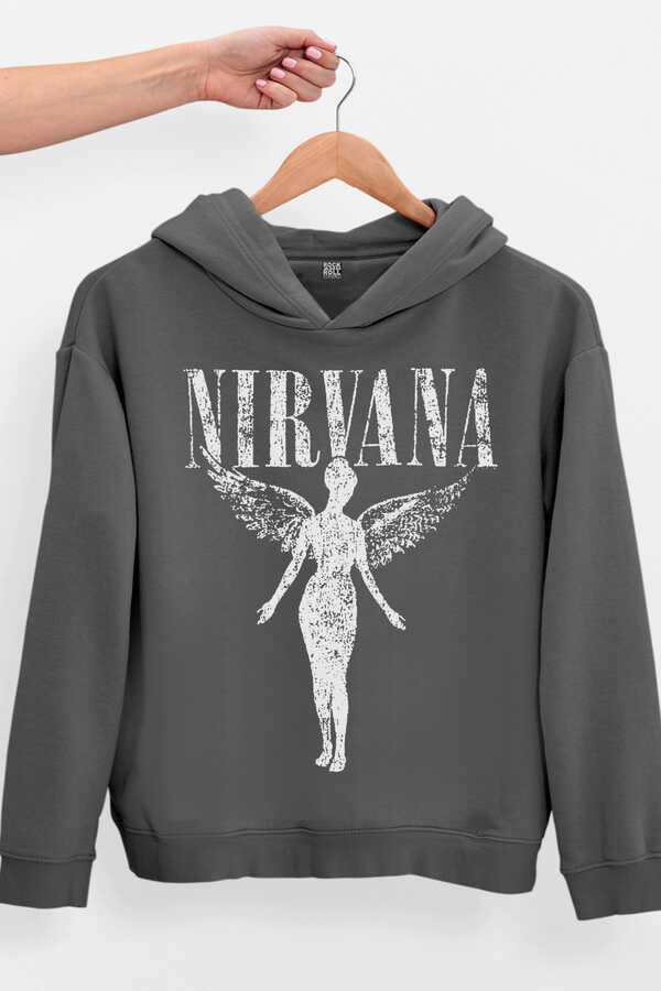 Melek Nirvana Antrasit Kapüşonlu Kalın Oversize Kadın Sweatshirt
