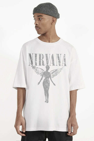 Melek Nirvana Beyaz Oversize Kısa Kollu Erkek T-shirt - Thumbnail