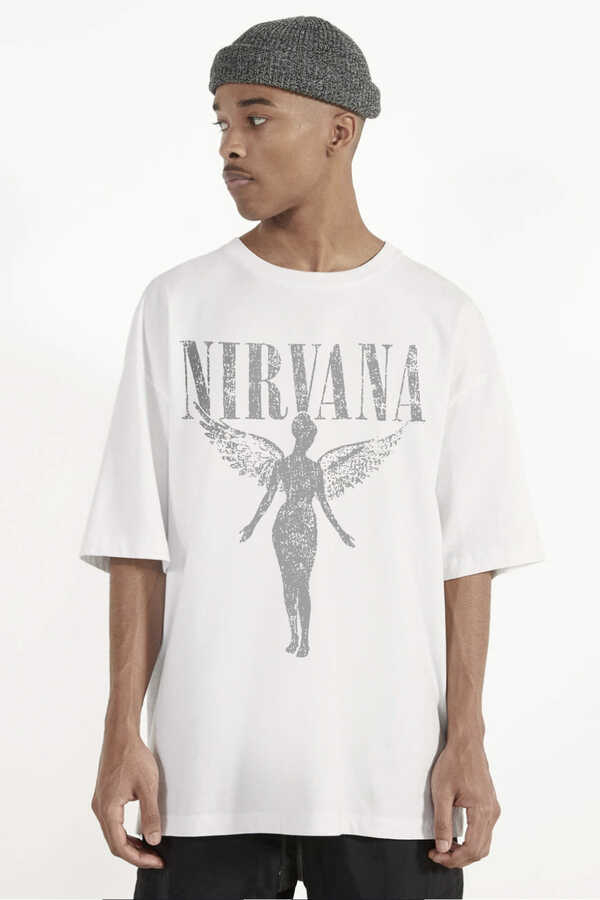 Melek Nirvana Beyaz Oversize Kısa Kollu Erkek T-shirt