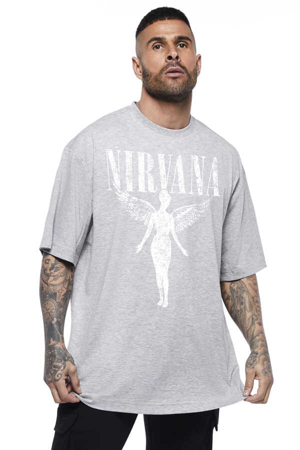 Melek Nirvana Gri Oversize Kısa Kollu Erkek T-shirt