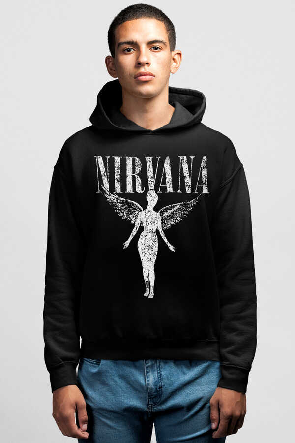Melek Nirvana Siyah Kapüşonlu Erkek Sweatshirt