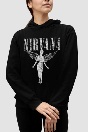 Melek Nirvana Siyah Kapüşonlu Kadın Sweatshirt - Thumbnail