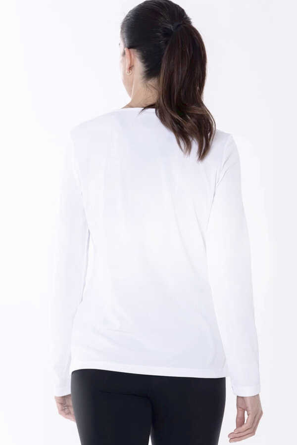 Meraklı Beyaz Bisiklet Yaka Uzun Kollu Penye Kadın T-shirt