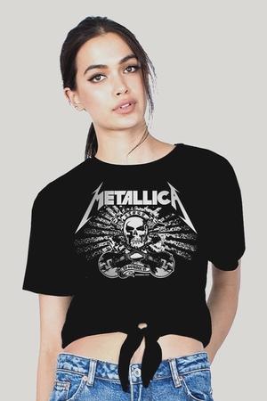  - Metallica Kurukafa Kesik Crop Top Bağlı Siyah Kadın | Bayan Tişört