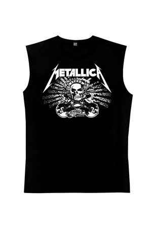 Metallica Kurukafa Kesik Kol | Kolsuz Siyah Erkek Tişört | Atlet - Thumbnail
