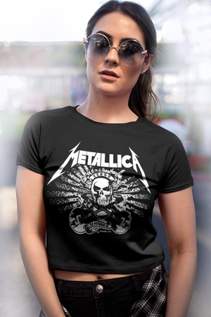 Metallica Kurukafa Kısa, Kesik Crop Top Siyah Kadın | Bayan Tişört - Thumbnail