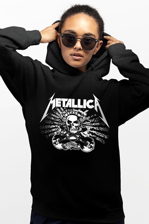 Metallica Kurukafa Siyah Kapşonlu Kadın | Bayan Sweatshirt - Thumbnail