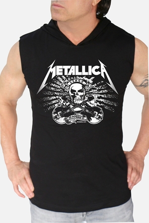 Metallica Kurukafa Siyah Kapşonlu Kesik Kol | Kolsuz Erkek T-shirt | Atlet - Thumbnail