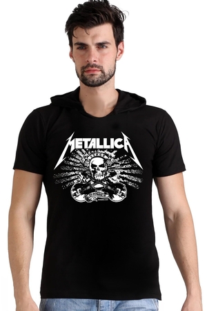 Metallica Kurukafa Siyah Kapşonlu Kısa Kollu Erkek T-shirt - Thumbnail