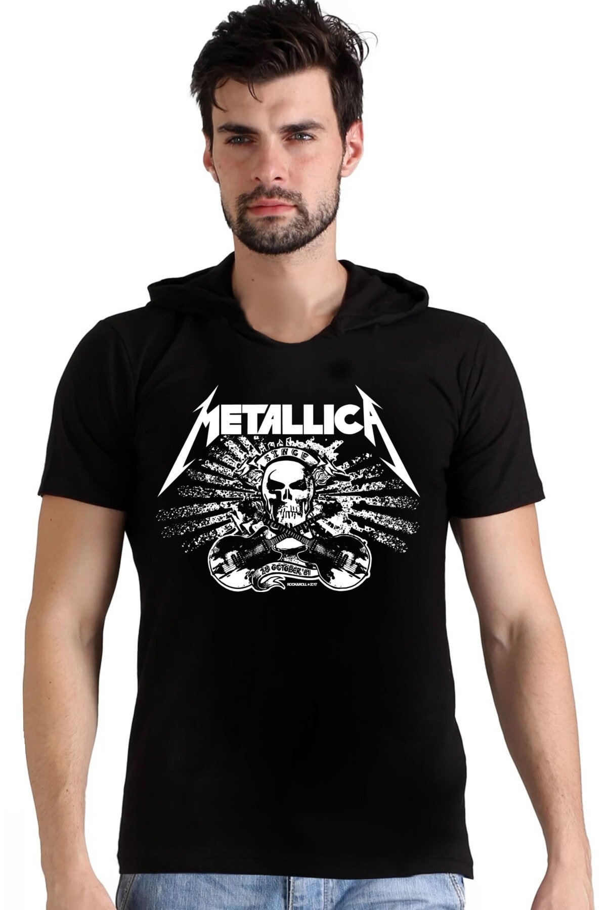 Metallica Kurukafa Siyah Kapşonlu Kısa Kollu Erkek T-shirt
