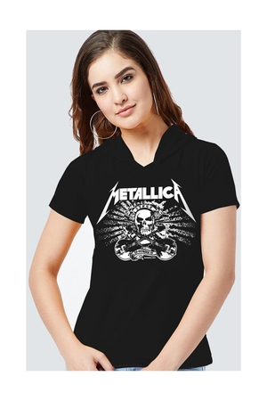 Metallica Kurukafa Siyah Kapşonlu Kısa Kollu Kadın T-shirt - Thumbnail