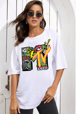 Meteve Beyaz Oversize Kısa Kollu Kadın T-shirt - Thumbnail
