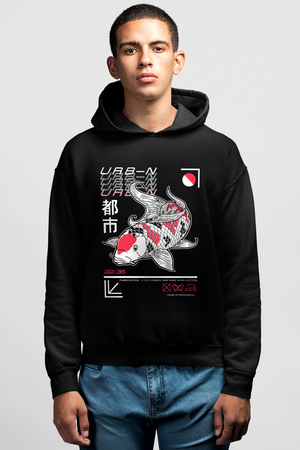 Japon Balığı Siyah Kapüşonlu Erkek Sweatshirt - Thumbnail