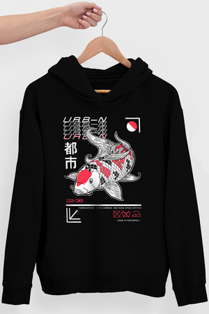 Japon Balığı Siyah Kapüşonlu Erkek Sweatshirt - Thumbnail