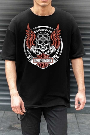 Motorcu Kurukafa Siyah Oversize Kısa Kollu Erkek T-shirt - Thumbnail