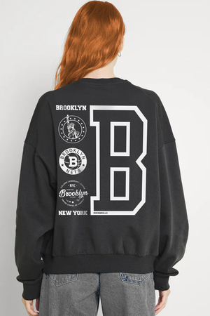  - Brooklyn Logo Antrasit Bisiklet Yaka Arka Baskılı Kalın Oversize Kadın Sweatshirt