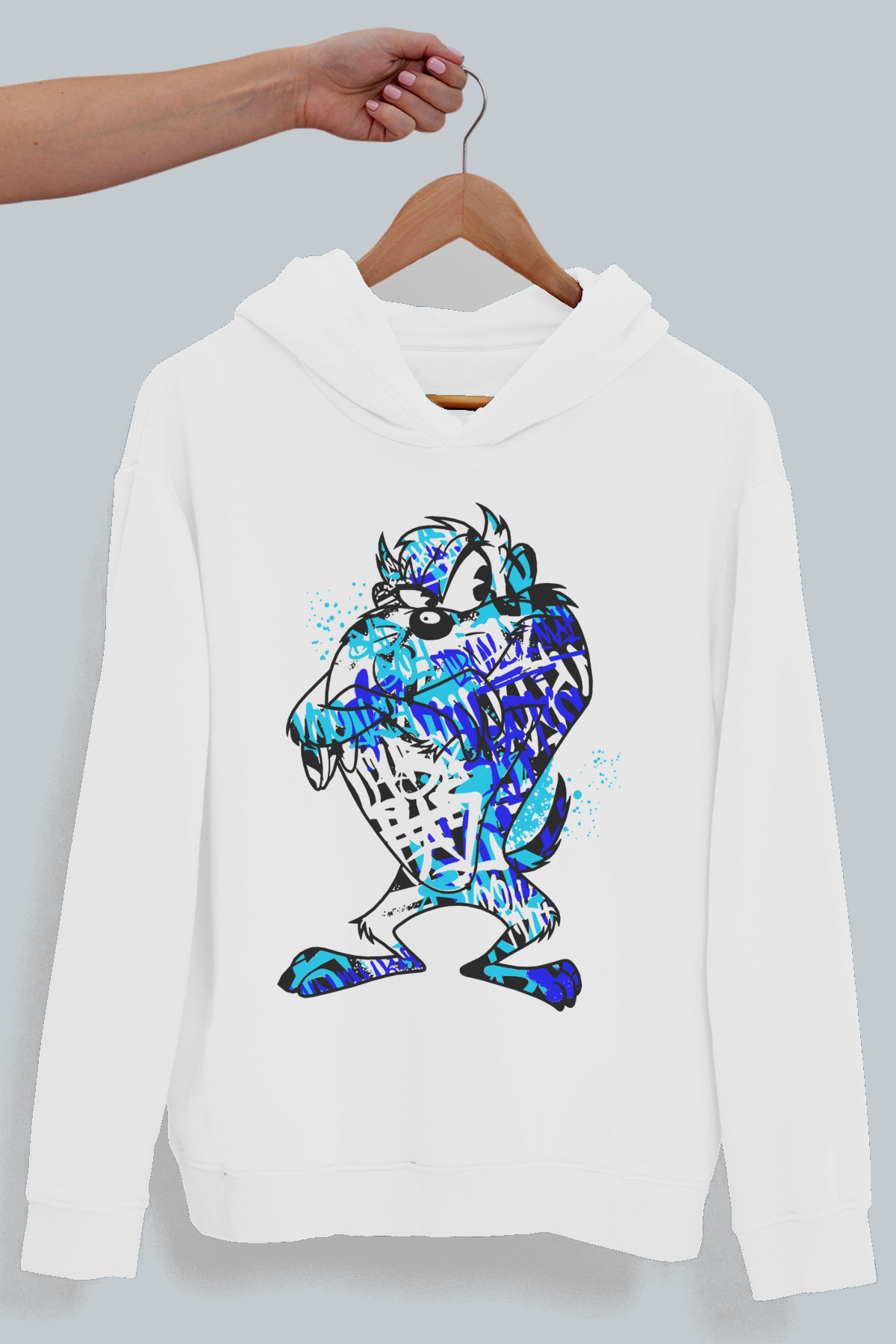 Boyalı Canavar Beyaz Kapüşonlu Erkek Sweatshirt