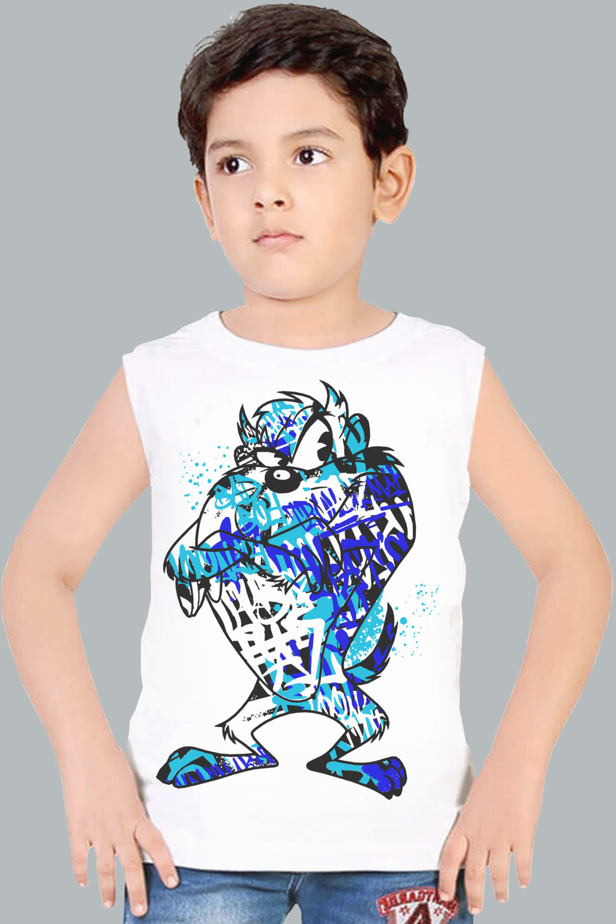 Boyalı Canavar Beyaz Kesik Kol | Kolsuz Erkek Çocuk T-shirt