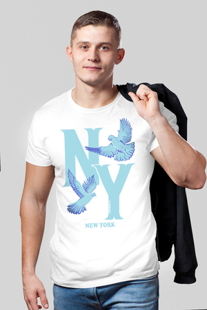 Ny Güvercinleri Beyaz Kısa Kollu Erkek T-shirt - Thumbnail