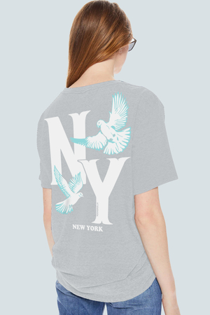 Ny Güvercinleri Arka Baskılı Gri Oversize Kısa Kollu Kadın T-shirt - Thumbnail