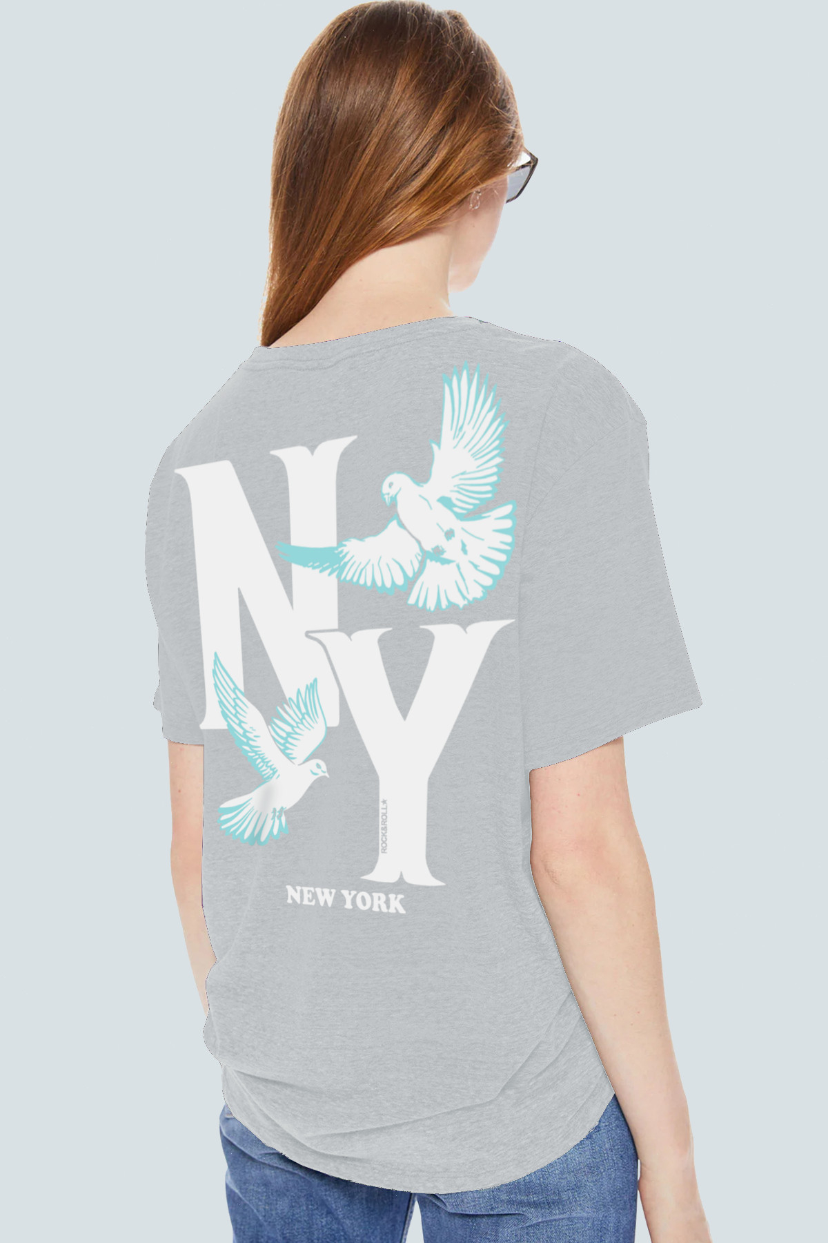 Ny Güvercinleri Arka Baskılı Gri Oversize Kısa Kollu Kadın T-shirt