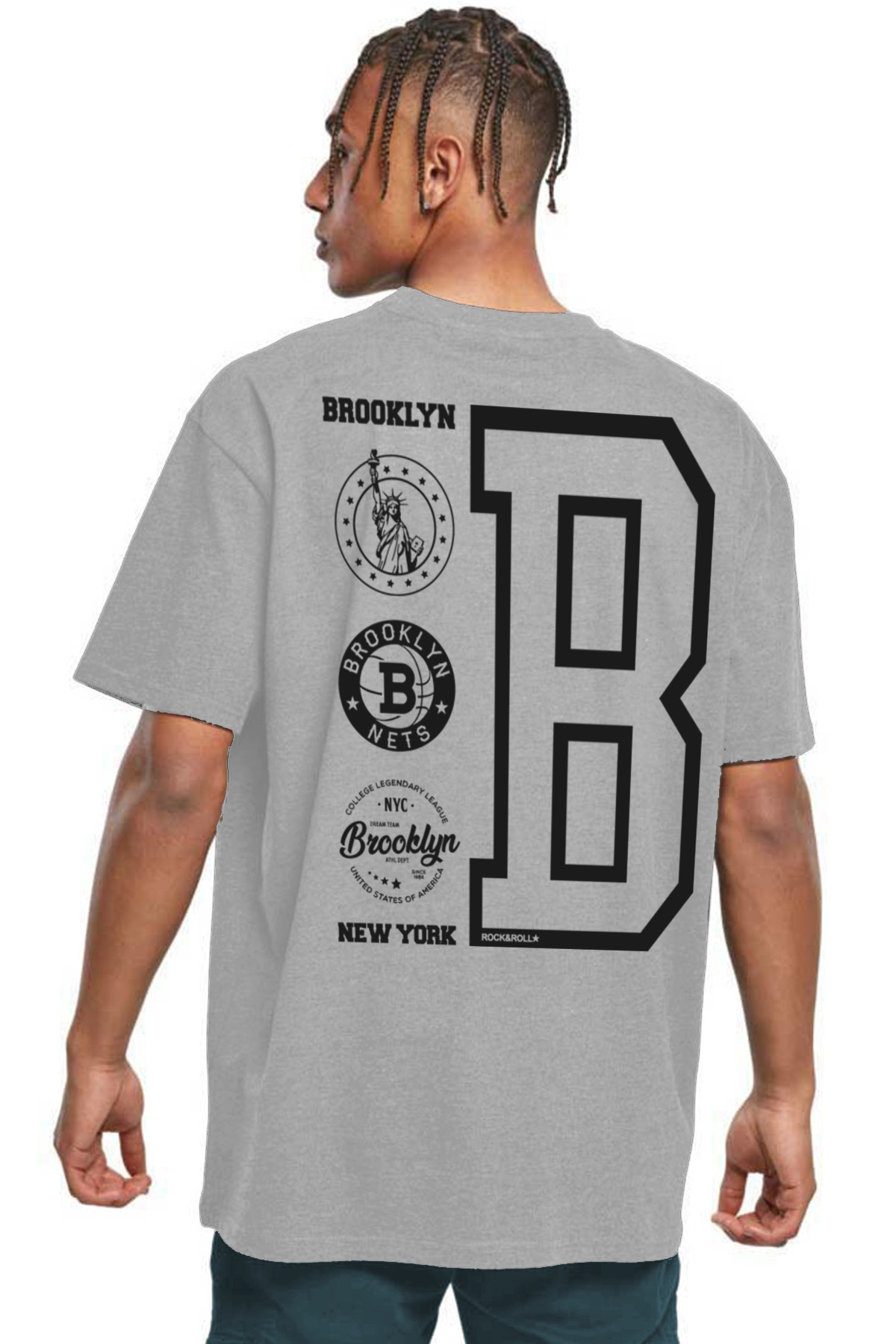 Brooklyn Logo Gri Oversize Arka Baskılı Kısa Kollu Erkek T-shirt