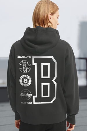  - Brooklyn Logo Kapüşonlu Kalın Oversize Arka Baskılı Antrasit Kadın Sweatshirt