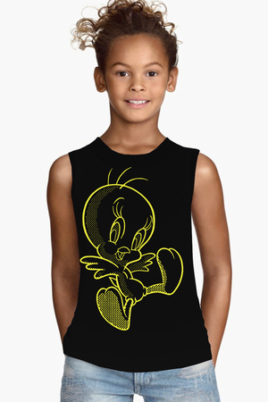 Neşeli Kuş Siyah Kesik Kol | Kolsuz Kız Çocuk T-shirt - Thumbnail