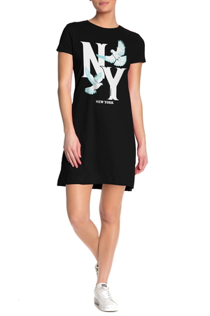 Rock & Roll - Ny Güvercinleri Siyah Kısa Kollu Penye Kadın T-shirt Elbise