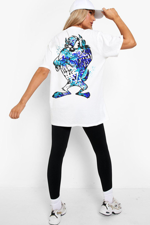 Boyalı Canavar Beyaz Oversize Arka Baskılı Kısa Kollu T-shirt - Thumbnail