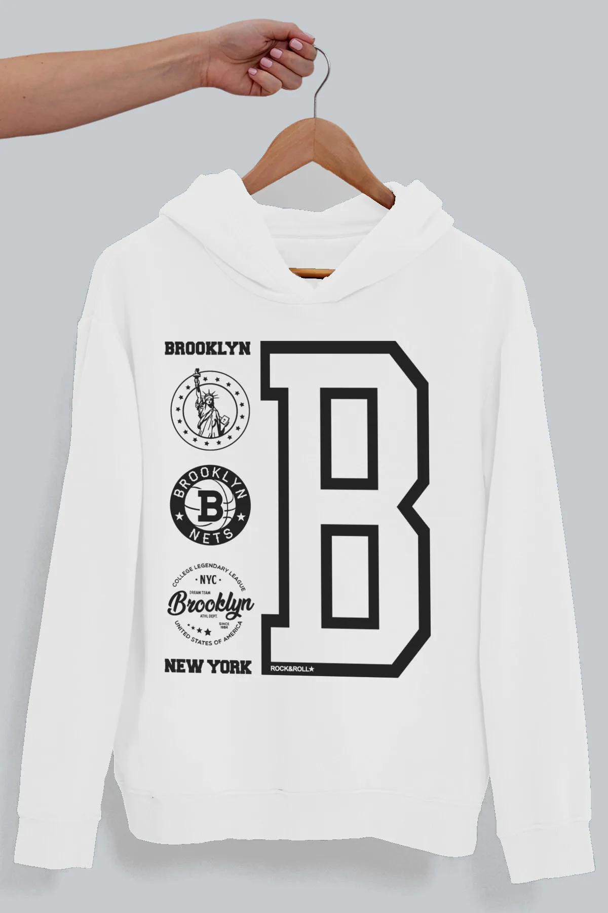  Brooklyn Logo Beyaz Kapüşonlu Erkek Sweatshirt - Thumbnail
