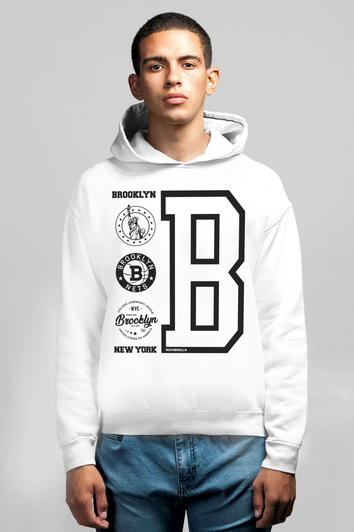  Brooklyn Logo Beyaz Kapüşonlu Erkek Sweatshirt