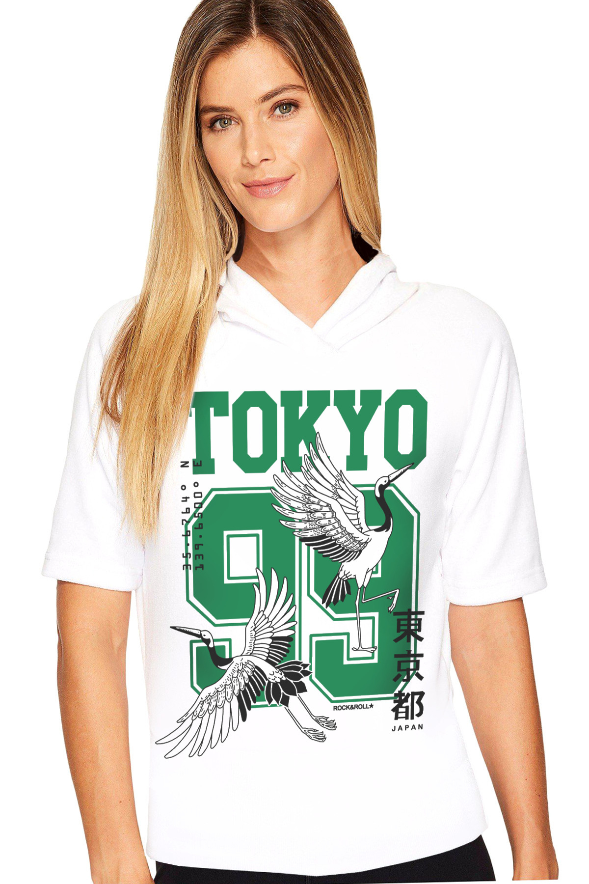 Tokyo 99 Beyaz Kapüşonlu Kısa Kollu Kadın T-shirt