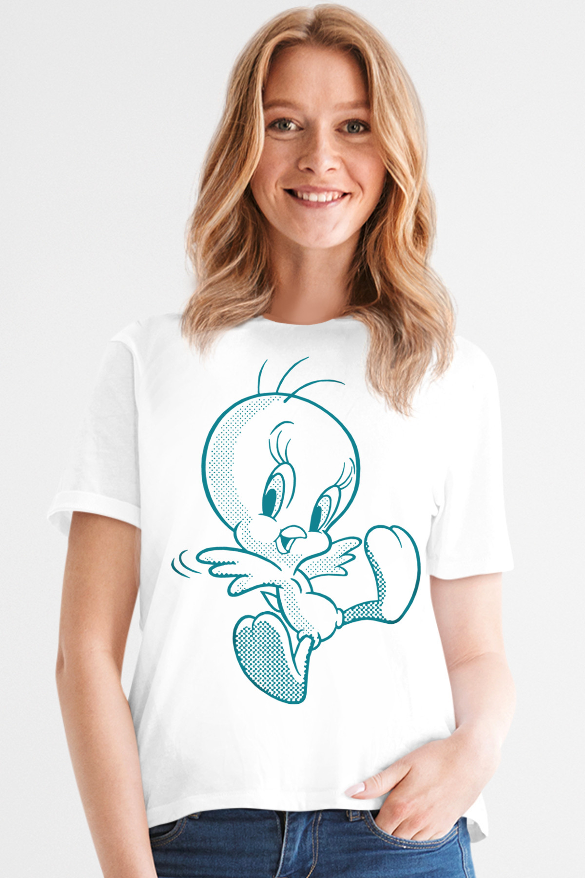 Neşeli Kuş Beyaz Kısa Kollu Kadın T-shirt