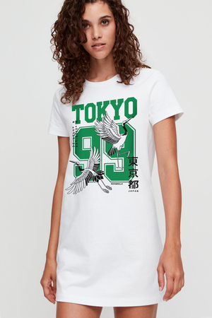 Rock & Roll - Tokyo 99 Beyaz Kısa Kollu Penye Kadın T-shirt Elbise