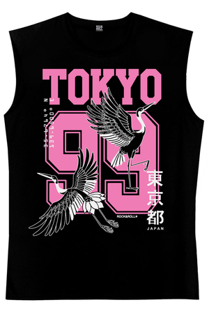 Tokyo 99 Siyah Kesik Kol | Kolsuz Baskılı Erkek T-shirt - Thumbnail