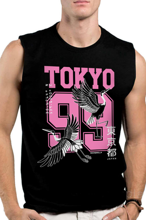 Rock & Roll - Tokyo 99 Siyah Kesik Kol | Kolsuz Baskılı Erkek T-shirt