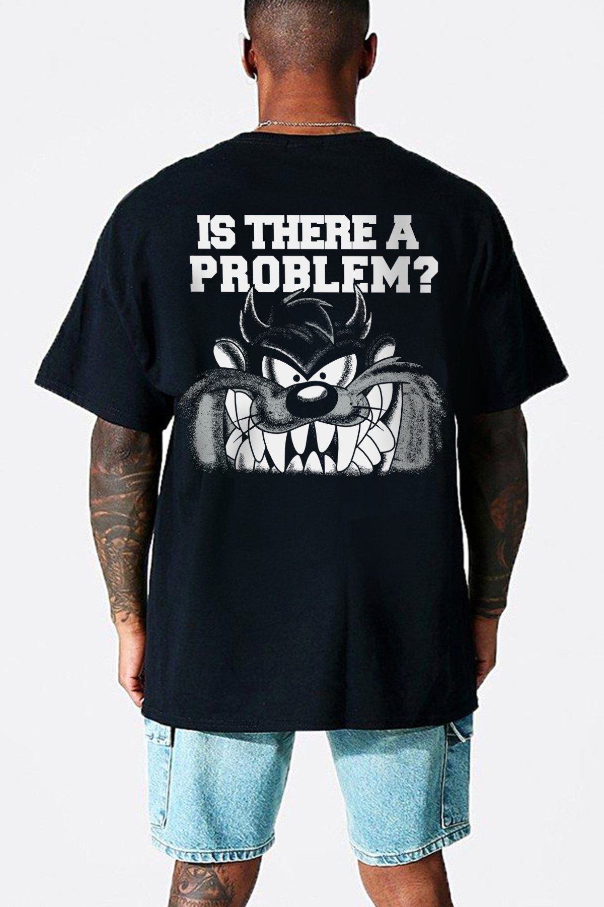 Taz Problem Siyah Kısa Kollu Arka Baskılı Oversize Erkek T-shirt