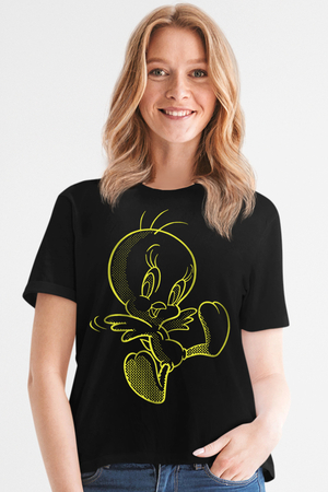 Rock & Roll - Neşeli Kuş Siyah Kısa Kollu Kadın T-shirt