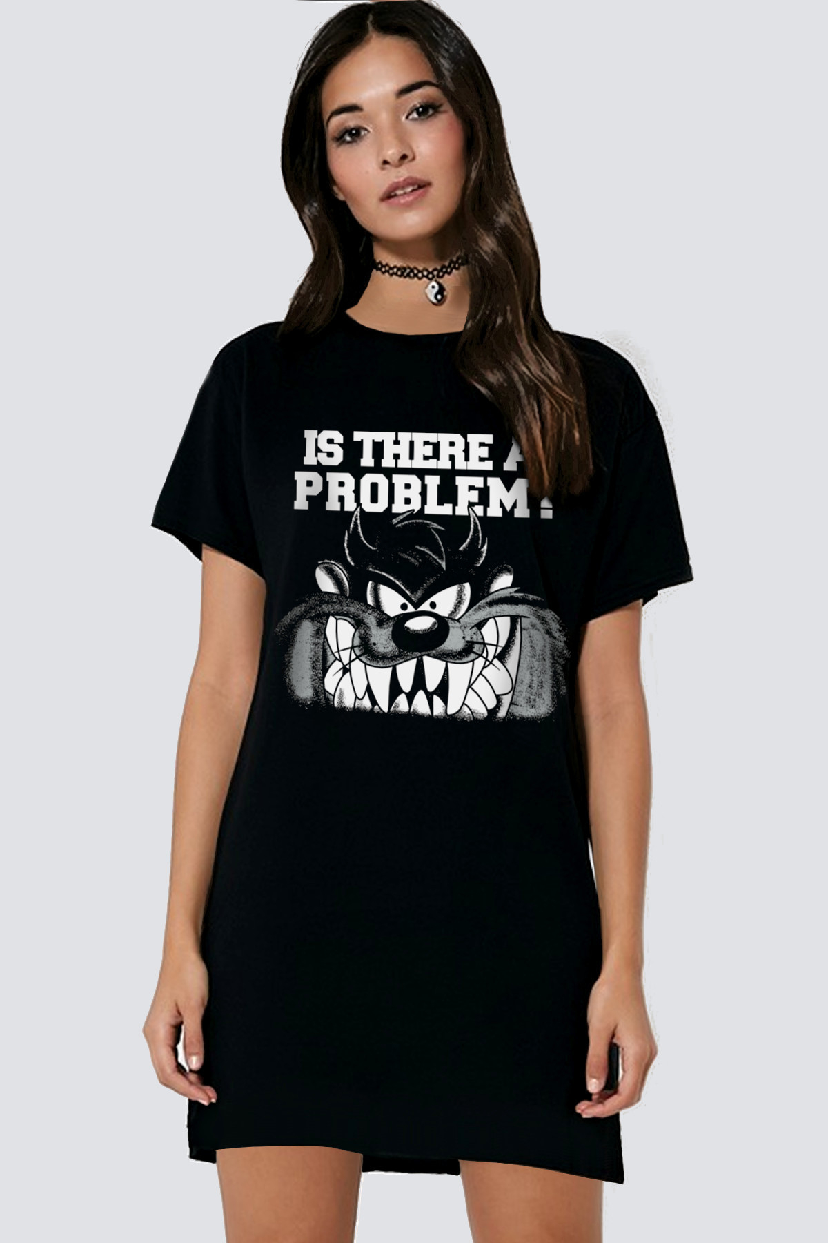 Taz Problem Siyah Kısa Kollu Penye Kadın T-shirt Elbise