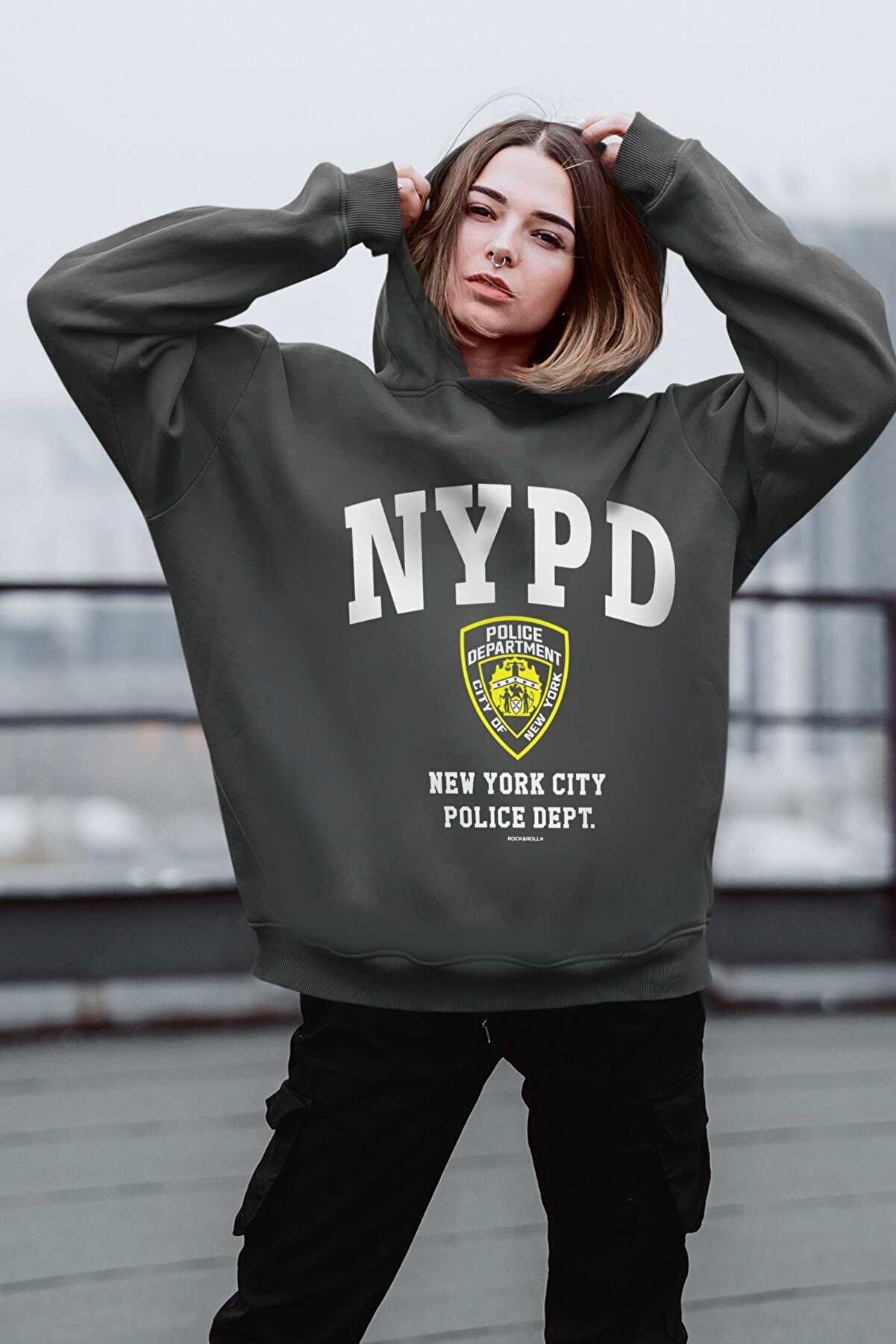 NYPD Antrasit Kapüşonlu Kalın Oversize Kadın Sweatshirt